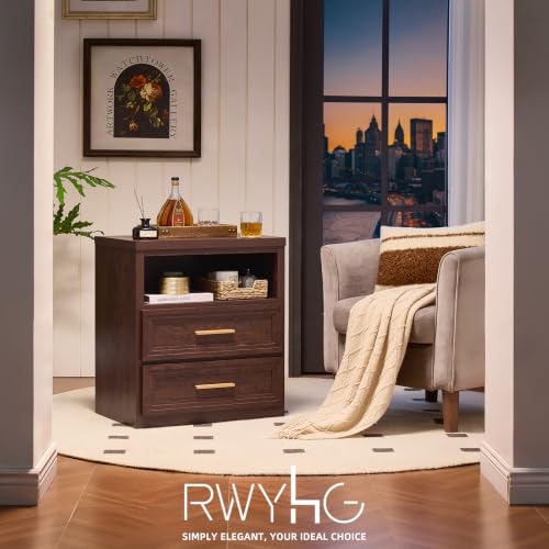 RWYHG 24'' Wide Farmhouse Night Stand with 2 Drawers,Wood Nightstand | Modern End Table Open Storage Shelf, Metal Handle, Mid-Century Bed Side Table for Bedroom, Living Room, Walnut - color: Walnut