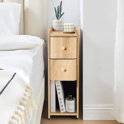 Narrow Nightstand Set of 2, Wooden Small 2 Drawer Nightstand, Slim Side End Table, Skinny Bedside Table, Mid Century Modern Night Stand with Drawers, for Living Room (Natural 2-2 pcs) - color: Natural 2-2 Pcs