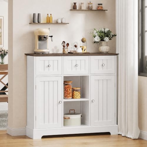 ChooChoo 35.4" Coffee Bar Cabinet with 3 Drawers and 2 Doors, White & Brown | Buffet Cabinet with Adjustable Shelves, Storage Cabinet for Compact Kitchens, Dining rooms and Living rooms - color: White & Brown