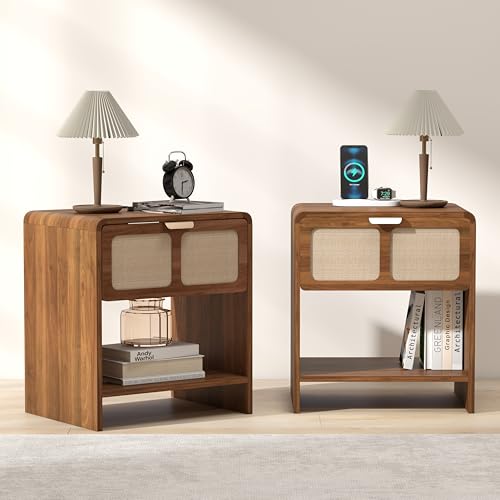 LEVNARY Compact Nightstand Set of 2, Mid-Century Modern Bedside Table with Charging Station and Fabric-Like Textured Drawer, Wooden Small End Table for Farmhouse Bedroom Living Room (2, Walnut) - color: Walnut–linen Drawer Front, size: 2-Pack