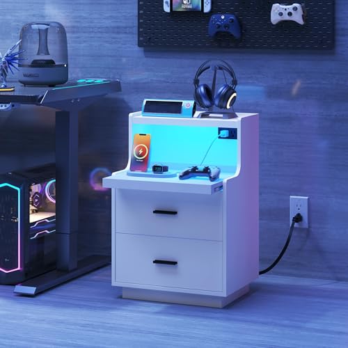 Yusong LED Nightstand Bedside Table with Charging Station 2 Drawers, Modern Sofa Couch End Side Table with LED Lights and Pull-Out Shelf for Bedroom, White - color: White 003