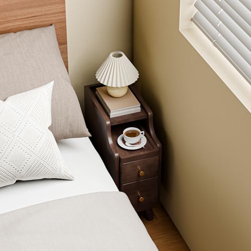 Narrow Nightstand with Drawers Set 2, Pre-Assembled Solid Wood Small Skinny Night Stand with Open Sliding Shelf Slim Bedside Table for Bedroom, Slim Side Table 2, Black Walnut, 8" - color: Black Walnut-2pack, size: 8"