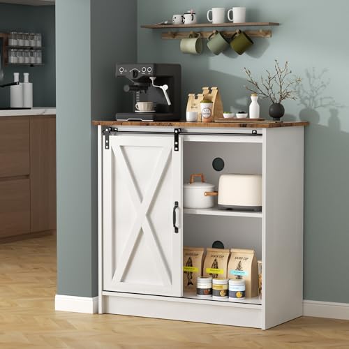Farmhouse Coffee Bar Cabinet with Sliding Barn Door | Coffee Bar Table, Kitchern Coffee Bar with Adjustable Shelves for Dining Room, Living Room