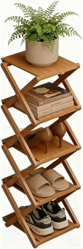 Bamboo Shoe Rack - No Assembly Required, Tall Narrow Foldable Shoe Organizer, Space-Saving Multifunctional Shelf for Entryways, Corners, Bedrooms, Balconies, 5 Layer Brown(Reinforced And Thickened ) - color: Brown, size: 5 Layers