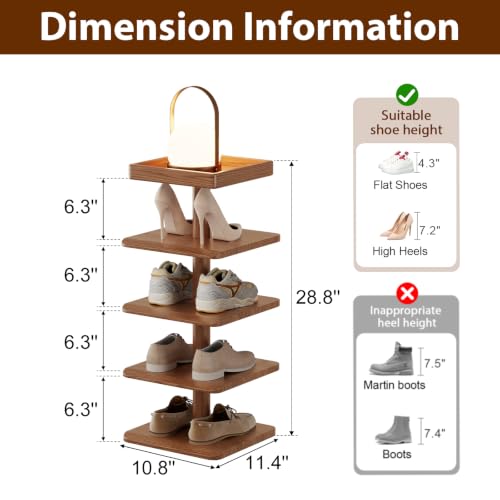 4-Tier Vertical Shoe Rack, Narrow Shoe Tower for Small Space - color: Walnut, size: 11.4"D x 10.8"W x 28.8"H
