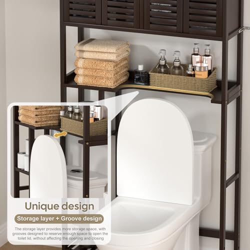 Cozivolife Over The Toilet Storage: Space Saver Bathroom Organizer Shelf | Bamboo Freestanding Storage Cabinet Over Toilet with Paper Holder Stand - No-Drill Installation and Waterproof Feet Pad