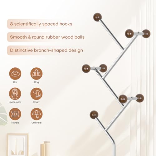 Coat Rack Freestanding Metal Coat Tree with 8 Rubber Wood Hooks | Heavy Duty Standing Coat Rack, Stainless Steel Marble Base, Coat Hanger Stand for Bedroom Entryway Hallway, Hat, Bags - color: A