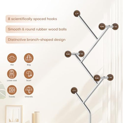 Coat Rack Freestanding Metal Coat Tree with 8 Rubber Wood Hooks | Heavy Duty Standing Coat Rack, Stainless Steel Marble Base, Coat Hanger Stand for Bedroom Entryway Hallway, Hat, Bags - color: A