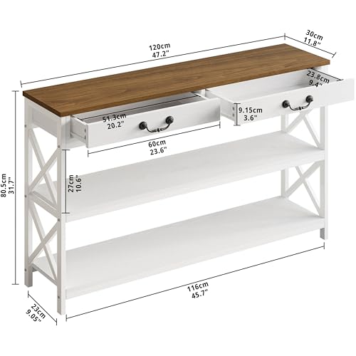 IRONCK 47.2" Farmhouse Console Table, Sofa Table with Drawer, Narrow Long Entry Table with 2 Shelf for Entryway, Living Room, Hallway, White/Walnut - size: 47.2inch