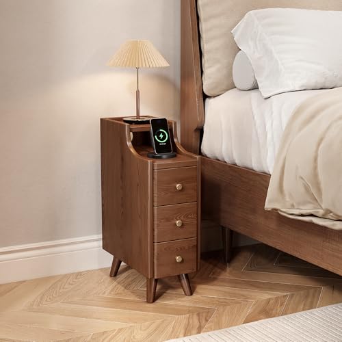 Narrow Nightstand with Drawers, 7.9" Solid Wood Nightstand with Open Shelf & Cable Hole, Modern Night Stand Slim Bedside Table for Small Spaces, Bedroom, Study - color: Walnut, size: 15.7"D x 7.9"W x 23.6"H