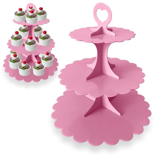 3-Tier Pink Cupcake Stand 2-Pack, Dessert Display Tower, Heart Handle & Scalloped Edge, Easy 60-Second Assembly for Girl Birthday Baby Shower Wedding Party Decoration - color: Pink 2 Pack