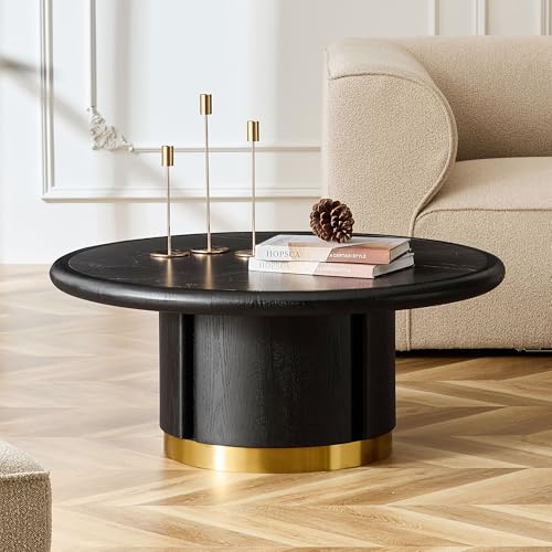 35.43'' Round Coffee Table with Sintered Stone Tabletop for Living Room, Modern Circle Wood Pedestal Coffee Table with Brushed Stainless Steel, Easy Assembly, Black - color: Ø35.43'' -Walnut