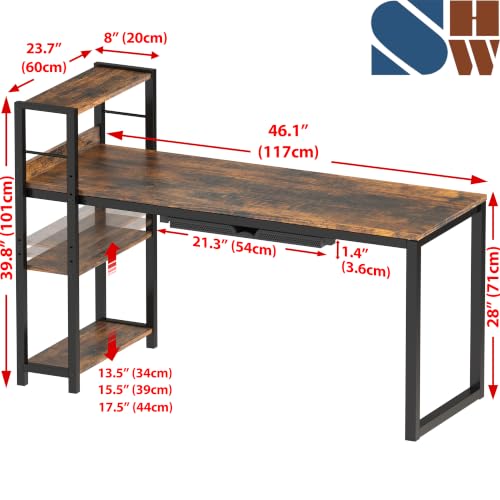 SHW 46-Inch Home Office Computer Desk w/Side Shelf & Drawer, Rustic Brown | w/ Reversible Adjustable Shelf | Drawer with adjustable compartments - color: Rustic Brown