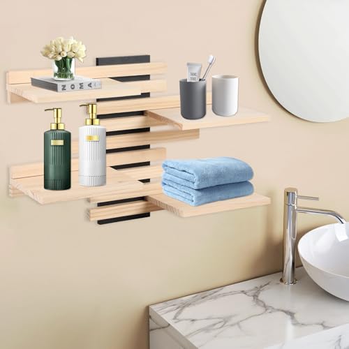 4-Tier Adjustable Wooden Floating Shelf Space-Saving Wall Mounted Shelf with Multiple Customizable Layouts Display Rack for Figurines Doll Small Plant Statue Wall Organizer for Living Room Bedroom