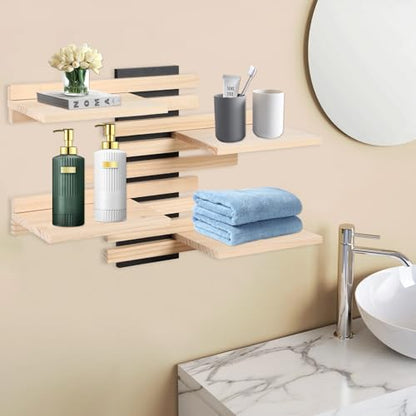 4-Tier Adjustable Wooden Floating Shelf Space-Saving Wall Mounted Shelf with Multiple Customizable Layouts Display Rack for Figurines Doll Small Plant Statue Wall Organizer for Living Room Bedroom