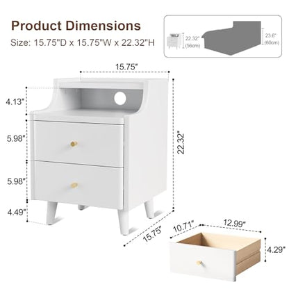 Narrow Nightstand with 2 Drawers,White Nightstand,Bedside Table,Solid Wood Modern Bedside Table for Bedroom,Study,Toilet - color: White, size: 15.75"D x 15.75"W x 22.32"H(2 Drawers)