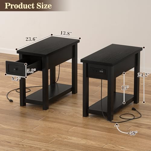 Armocity Narrow End Table with Charging Station - Farmhouse Side Table with Drawer, 14" Wide Wood Nightstand Slim Couch Bedside Table for Living Room Bedroom Small Spaces, Black - color: Black, size: 1 Pack
