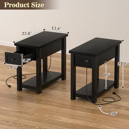 Armocity Narrow End Table with Charging Station - Farmhouse Side Table with Drawer, 14" Wide Wood Nightstand Slim Couch Bedside Table for Living Room Bedroom Small Spaces, Black - color: Black, size: 1 Pack