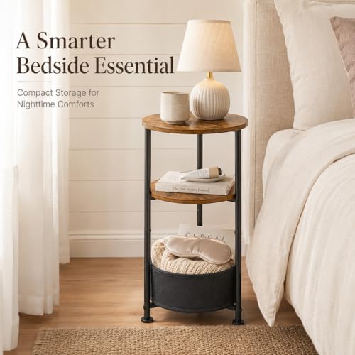 Small Round Side Table with Storage Basket, 3-Tier Narrow End Table Nightstand for Living Room Bedroom, 11.8" Diameter Modern Bedside Table for Small Spaces, Wood Grain & Metal Frame (Rustic Brown) - color: Rustic Brown