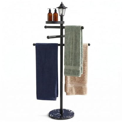 Pool Towel Rack Outdoor with Solar Light, 64" Heavy Duty Pool Towel Holder with Weighted Marble Base, 3-Tier Freestanding Outdoor Towel Rack with Storage Tray for Pool, Hot Tub, Backyard