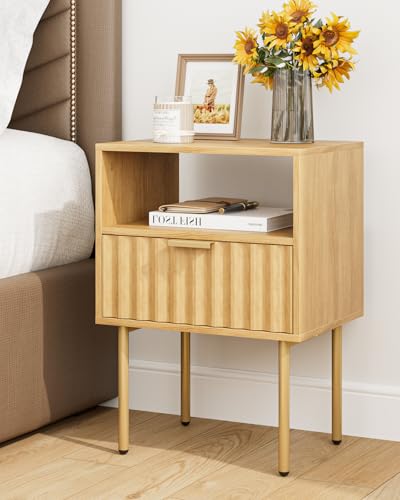 Night Stand,Modern Bedside Table with Drawer and Shelf,Light Oak Night Stand with Gold Frame,Small Side Table for Bedroom,Living Room - color: Oak Brown