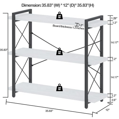 HCHQHS Bookshelf, 3-Tier Industrial Bookcase, Open Book Shelf, Freestanding Horizontal Bookshelves with Metal Frame - color: White & Black, size: 3-Tier (35.8"W x 35.8"H)