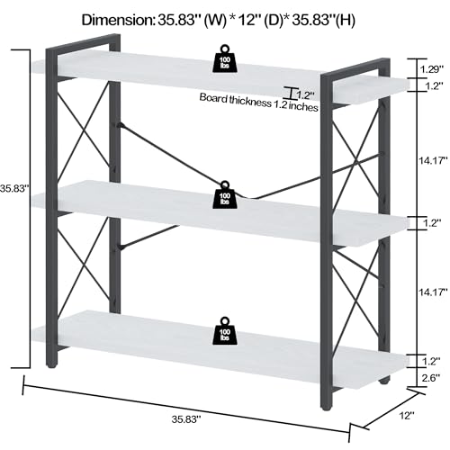 HCHQHS Bookshelf, 3-Tier Industrial Bookcase, Open Book Shelf, Freestanding Horizontal Bookshelves with Metal Frame - color: White & Black, size: 3-Tier (35.8"W x 35.8"H)