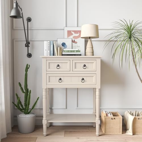 Giantex Entryway Table with Storage, Rustic Small Console Table w/ 3 Drawers & Open Bottom Shelf, Skinny Wood Console Table, Narrow Sofa Side Table for Living Room, Foyer, Hallway, Entry Table, Beige - color: Beige