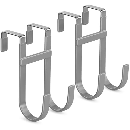 FYY Over the Door Hooks, Double-Hanger 2 Pack, Fits Doors 1 3/8" Grey | Heavy Duty Metal, Hold 100lbs, Rubber-Coated, No-Drilling, for Bathroom Dorm, Hanging Clothes Towels Bags Ironing Board Robe - color: Gray, size: 5.12" Long, Fit Interior Doors Up to