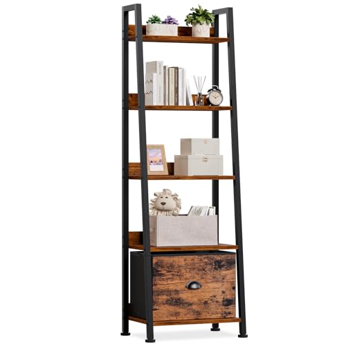 Furologee Ladder Shelf, 5 Tier Bookshelf with Fabric Drawer, Rustic Brown | 55.6'' Industrial Tall Narrow Shelf, Display Shelving Units, Wood Metal Storage Rack for Living room, Bedroom, Bathroom - color: Rustic Brown, size: 5-Tier, 15" W