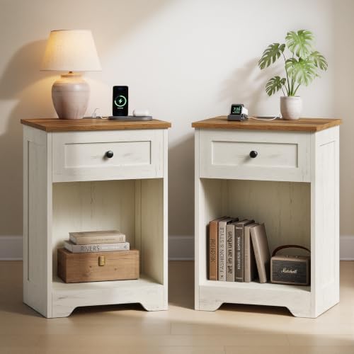 VASAGLE Traditional Basic Nightstand with Charging Station, Wood End Table with 1 Drawer and Open Shelf, 15.7 x 11.8 x 23.2 in, Cloud White and Warm Brown, for Bedroom, Siren Collection ULET828WJ01S - color: Cloud White + Warm Brown, size: 2 pack