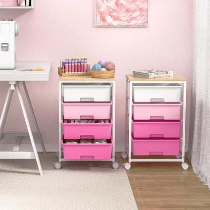 SYKIARIOL Rolling Cart with Drawers, 4-Drawer Utility Cart, Pink | 4 Tier Drawer Cart with Wooden Top for Home Office, Kid Room, Classroom Teacher, Dorm, - color: Dark Pink