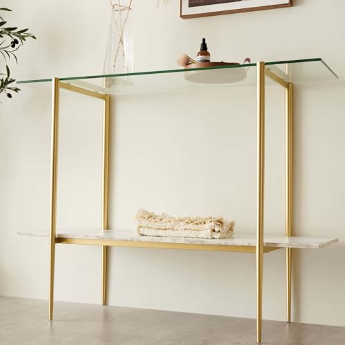 LumFurn Glass Console Table for Living Room, Foyer & Entrance, 2-Tiers Mid-Century Modern Sofa Table with Clear Glass Top, White Marble Finish Wood Shelf and Gold Finish Frame - color: Clear & White Marble, size: L41" Sofa Table