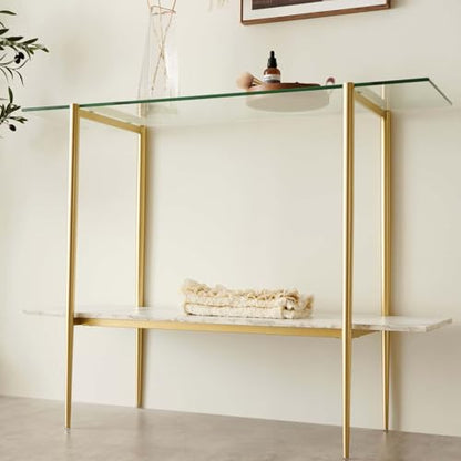 LumFurn Glass Console Table for Living Room, Foyer & Entrance, 2-Tiers Mid-Century Modern Sofa Table with Clear Glass Top, White Marble Finish Wood Shelf and Gold Finish Frame - color: Clear & White Marble, size: L41" Sofa Table
