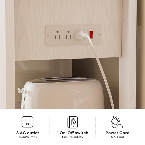 LIKIMIO Baker Rack with Spill-Safe Power Outlet & Drawer, White | Coffee Bar Cabinet with Storage, Farmhouse Microwave Stand with Hutch and 5 Hooks for Kitchen - color: White