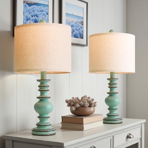 BOBOMOMO 20" Distressed Teal Bedside Lamps Set of 2, Hand-Painted Vintage Resin Lamps with Linen Shades, Cottage Farmhouse Lamp for Living Room, Bedroom, and Hallway, Space-Saving Accent Lamps - color: Distressed Teal, size: Small-20"