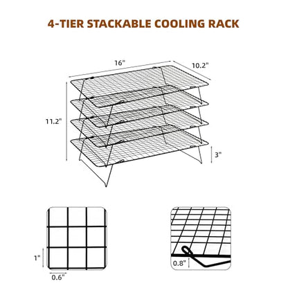 Cooling Rack 16"x10", 4-Tier Stackable & Collapsible Cooling Racks | Cooling Racks for Cooking and Baking, Roasting, Grilling, Oven & Dishwasher Safe (Black, 4-Tier) - color: Black, size: 4-Tier