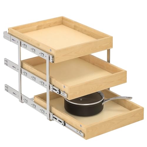 WelFurGeer 3-Tier Pull Out Cabinet Organizer with Soft Close, Heavy-Duty Pull Out Drawers for Cabinets, Slide Out Shelf for Kitchen, Pantry, Bathroom & Under Sink, Solid Birch Wood - color: 3 Tiers, size: 17''W x22''D