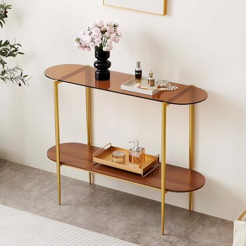 LumFurn Oval Glass Console Table for Living Room, Foyer & Entrance, 2-Tiers Mid-Century Modern Sofa Table with Amber Glass Top, Walnut Finish Wood Top and Gold Finish Metal Frame - color: Amber & Walnut, size: L41" Oval Sofa Table