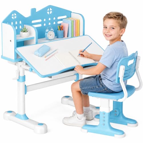 Kids Desk and Chair Set, Height Adjustable Child's School Study Writing Tables, Kids Desk with Bookstand and Storage Drawer, Widened Desktop with Desktop for Boys and Girls (Blue-A-MAX) - color: Blue-a-max
