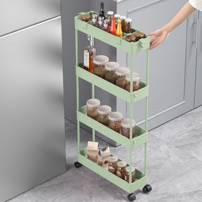 SPACELEAD Slim Storage Cart 4 Tier,Bathroom Organizer Rolling Utility,Mobile Shelving Unit Slide Out for Office, Kitchen, Laundry Room & Narrow Places，Green - color: Green