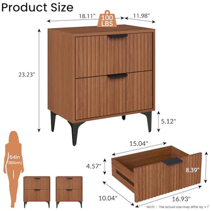 Walnut Fluted Nightstand Set of 2, Modern Night Stands with 2 Drawers | Bedside Table for Twin/Full/Queen Bed, End Table with Robot-friendly Metal Legs for Bedroom, Living Room - color: 2 Drawers-2pcs-walnut