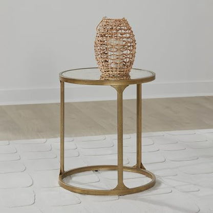 Signature Design by Ashley Korajane Transitional Metal End Table with Tempered Glass Top, Metallic - color: Antique Gold