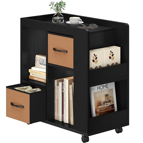 Yaheetech Narrow Side Table with Storage, Wooden Rolling Nightstand Bedside Table with Wheels, Magazine Racks and Open Shelves, End Table with Drawers for Living Room Bedroom, Black - color: Black