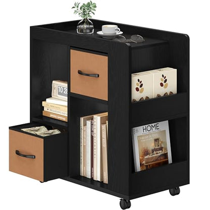 Yaheetech Narrow Side Table with Storage, Wooden Rolling Nightstand Bedside Table with Wheels, Magazine Racks and Open Shelves, End Table with Drawers for Living Room Bedroom, Black - color: Black