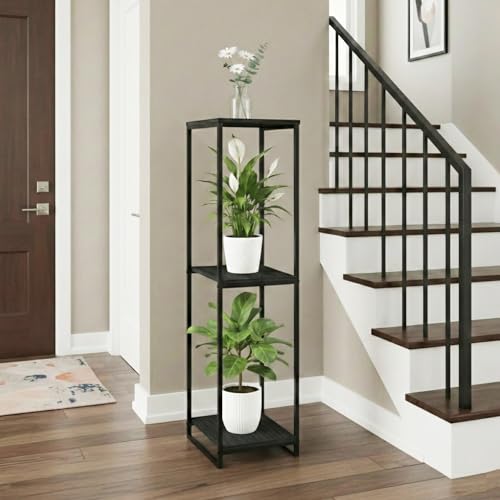 46" Tall 3-Tier Corner Plant Stand Indoor, Black | Functions as Flower Pots, Shelf, Decor Rack, Holder; Metal Frame with MDF Boards; for Living Room, Balcony; Modern Design