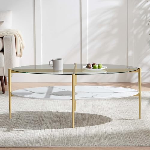 LumFurn Oval Glass Coffee Table, Mid-Century Modern Design, L43 x W22 x H17 inch, Surfboard Shaped Clear Glass Top and White Marble Finish Wood Shelf, Tapered Legs with Gold Finish Frame - color: Clear & White Marble, size: L43" Surfboard Coffee Table