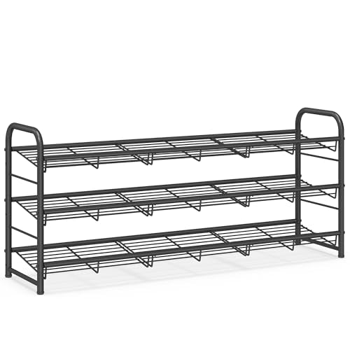 SONGMICS Stackable Shoe Rack, 3 Tier Metal Shoes Rack Storage Shelf, Holds up to 15 Pairs, Adjustable Slanted Shelves Tower Organizer for Closet Entryway Small Spaces, Black ULMR106BD01 - color: Black, size: 3 Tiers (39.5"W)