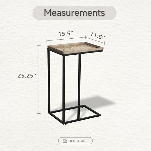 Farmhouse C Shaped End Table with Distressed Wood & Metal Woven Tray Top, Modern Slim Snack Side Table with Metal Base, Black - color: Black, style: Metal Woven