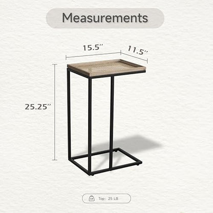 Farmhouse C Shaped End Table with Distressed Wood & Metal Woven Tray Top, Modern Slim Snack Side Table with Metal Base, Black - color: Black, style: Metal Woven